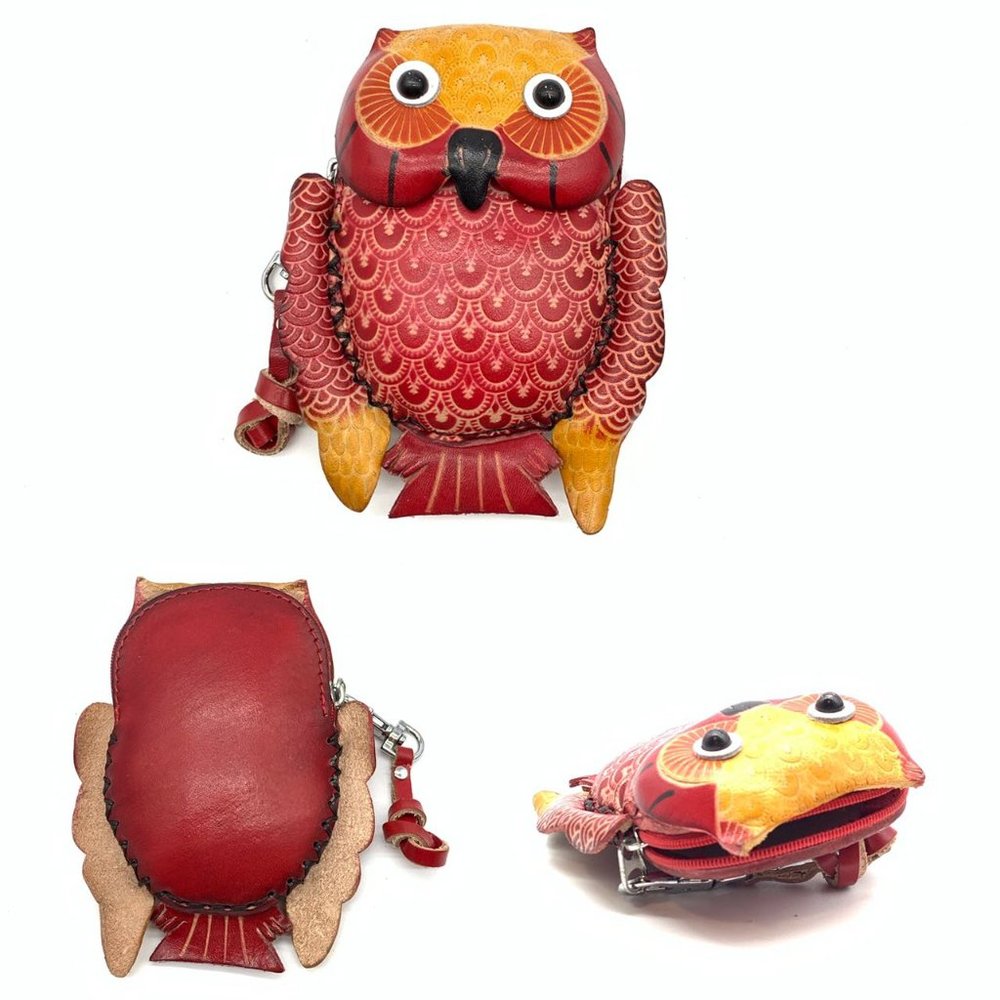 Handmade Genuine Leather 3D Animal Owl Coin Purse with Removable wrist - B